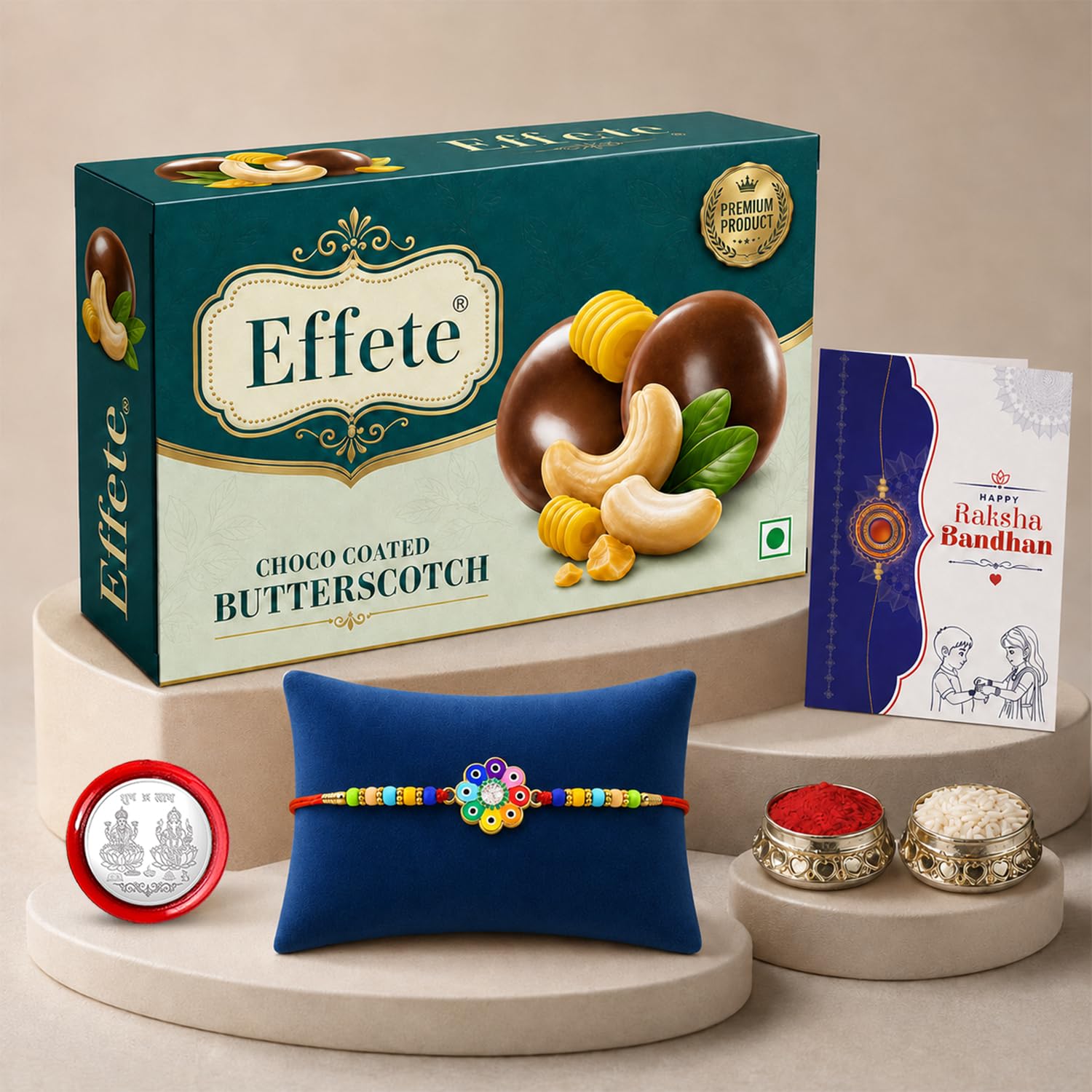 Flower Rakhi for Brother with Butter Scotch 32gm, Roli Tikka & Card, Pack of 5