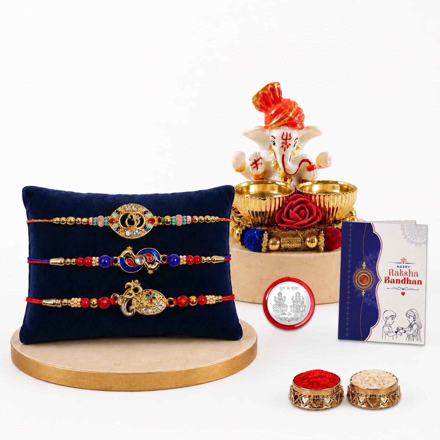 Designer Elegant Multicolor OM, Peacock & Oval Rakhi for Brother | Pack of 7