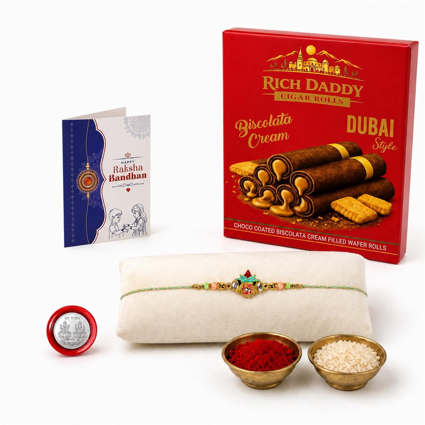 Pot motif Multicolor Rakhi – Biscolata Cream Wafer Roll Gift Combo Set (Pack of 5) For Raksha Bandhan