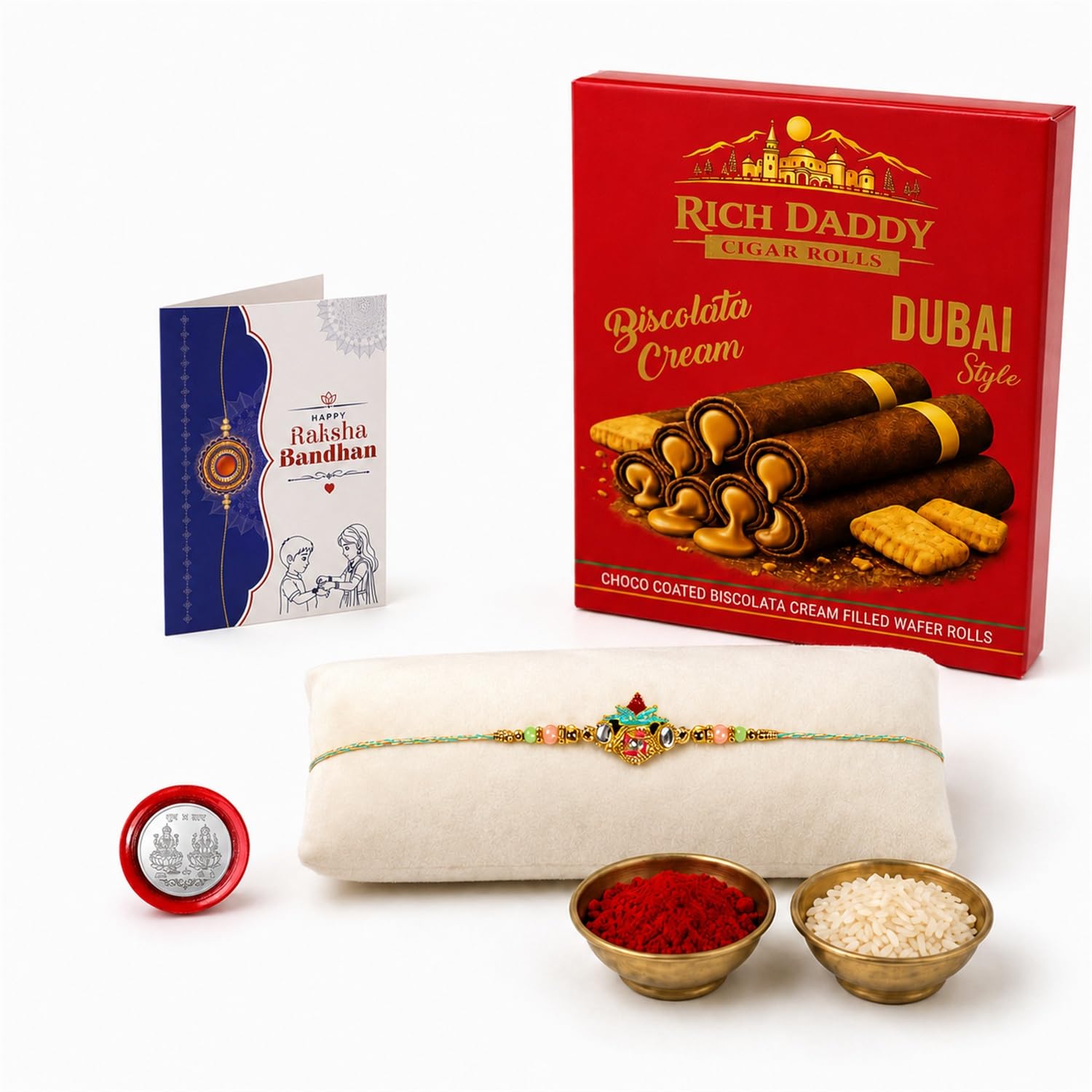 Pot motif Multicolor Rakhi – Biscolata Cream Wafer Roll Gift Combo Set (Pack of 5) For Raksha Bandhan