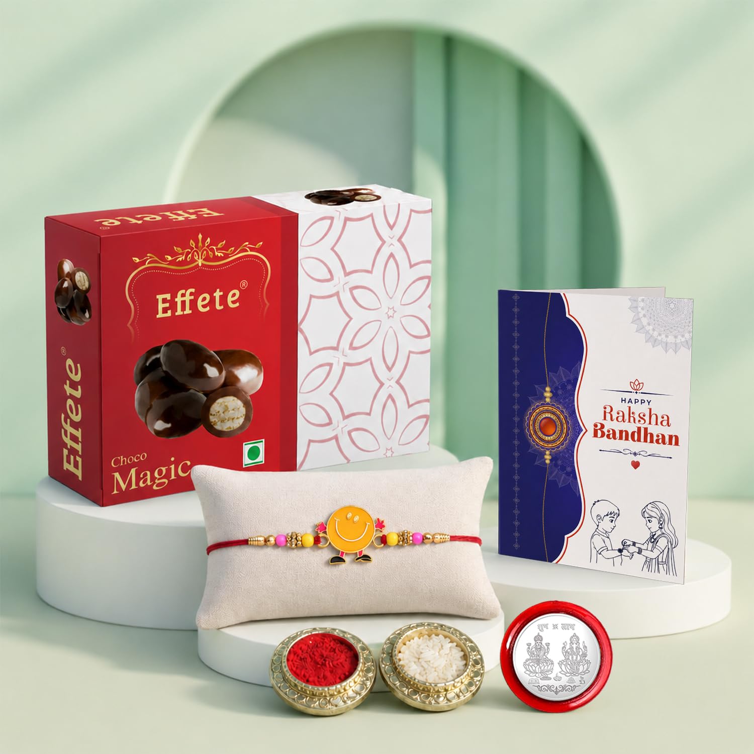 Designer Rakhi for Brother with Choco Magic 32gm, Roli Tikka & Card | Pack of 5