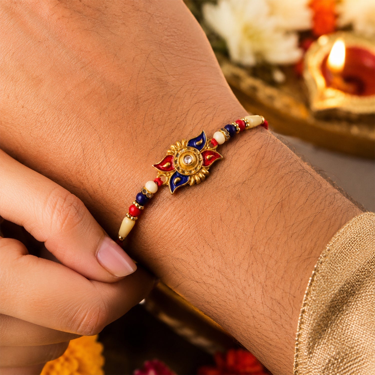 Traditional Red Blue Floral Kundan Rakhi Elegant Festive Design (10pcs)