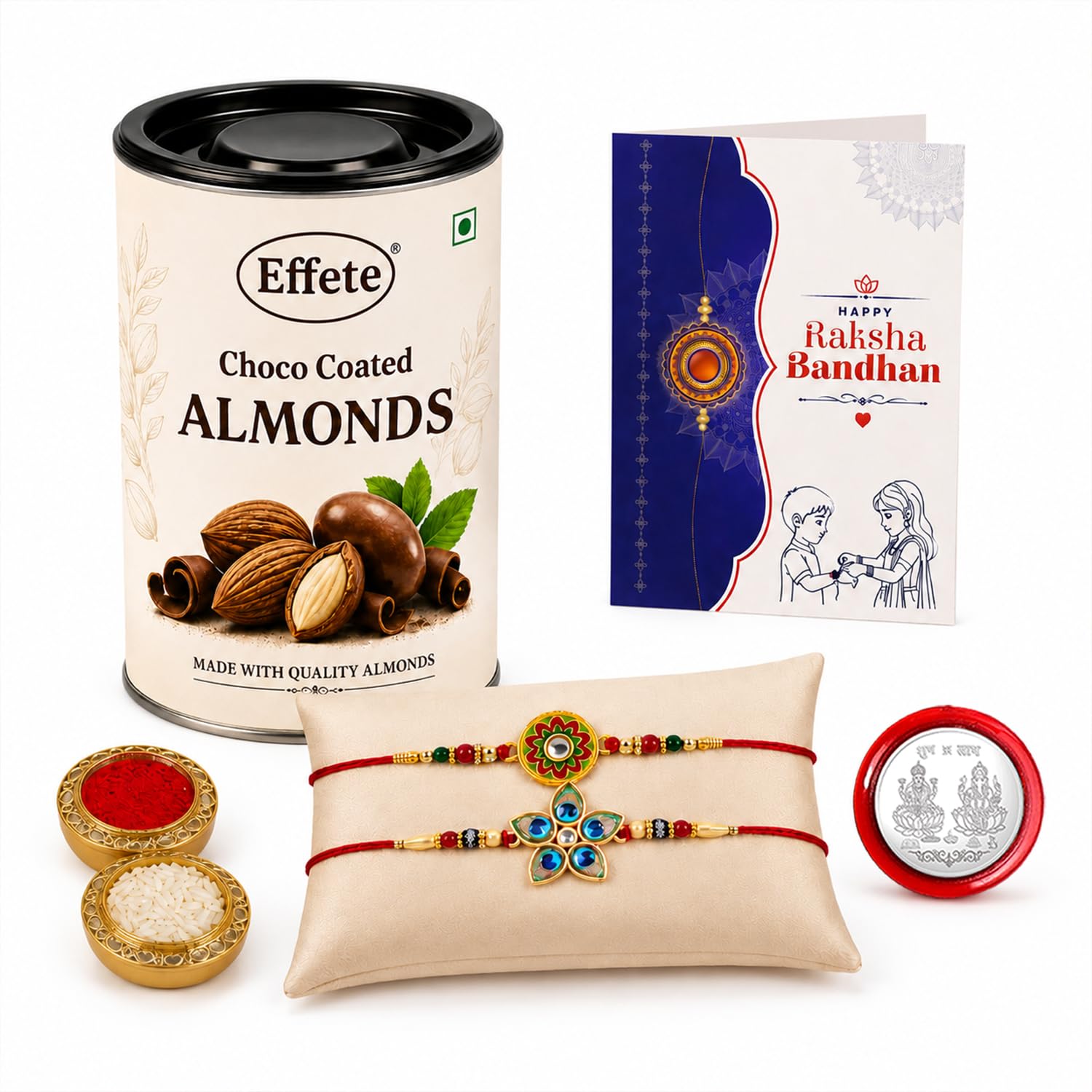 Floral Rakhi for Brother with Choco Almonds 96gm, Roli Tikka & Card, Pack of 6