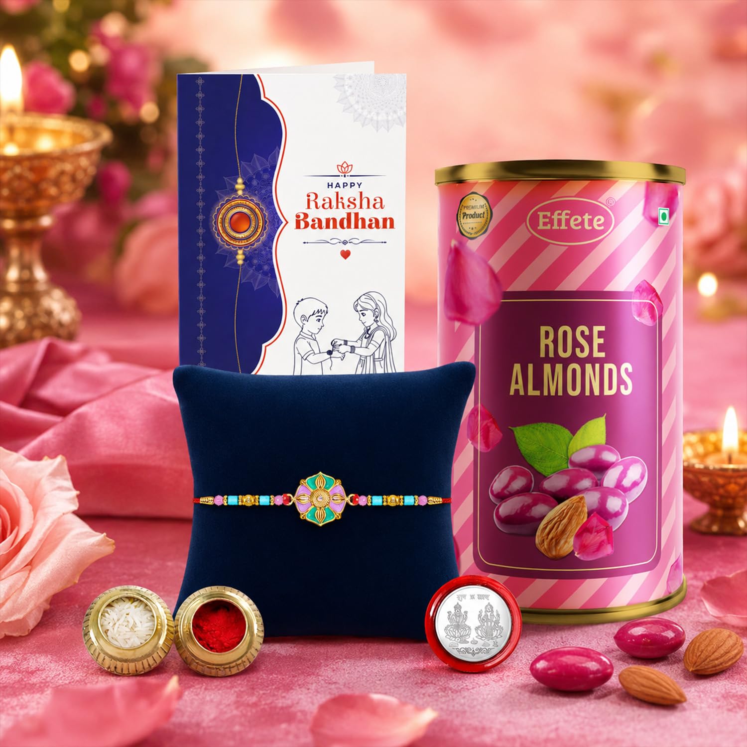 Complete Hamper Rakhi for Brother with Rose Almond 96gm, Coin & Card, Pack of 5