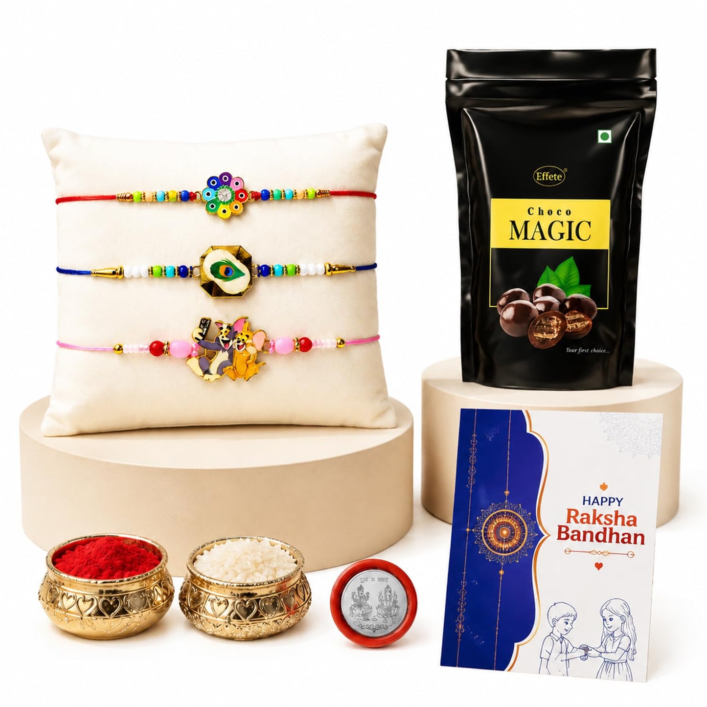Flower Rakhi for Brother with Choco Magic Pouch, Roli Tikka & Card | Pack of 7