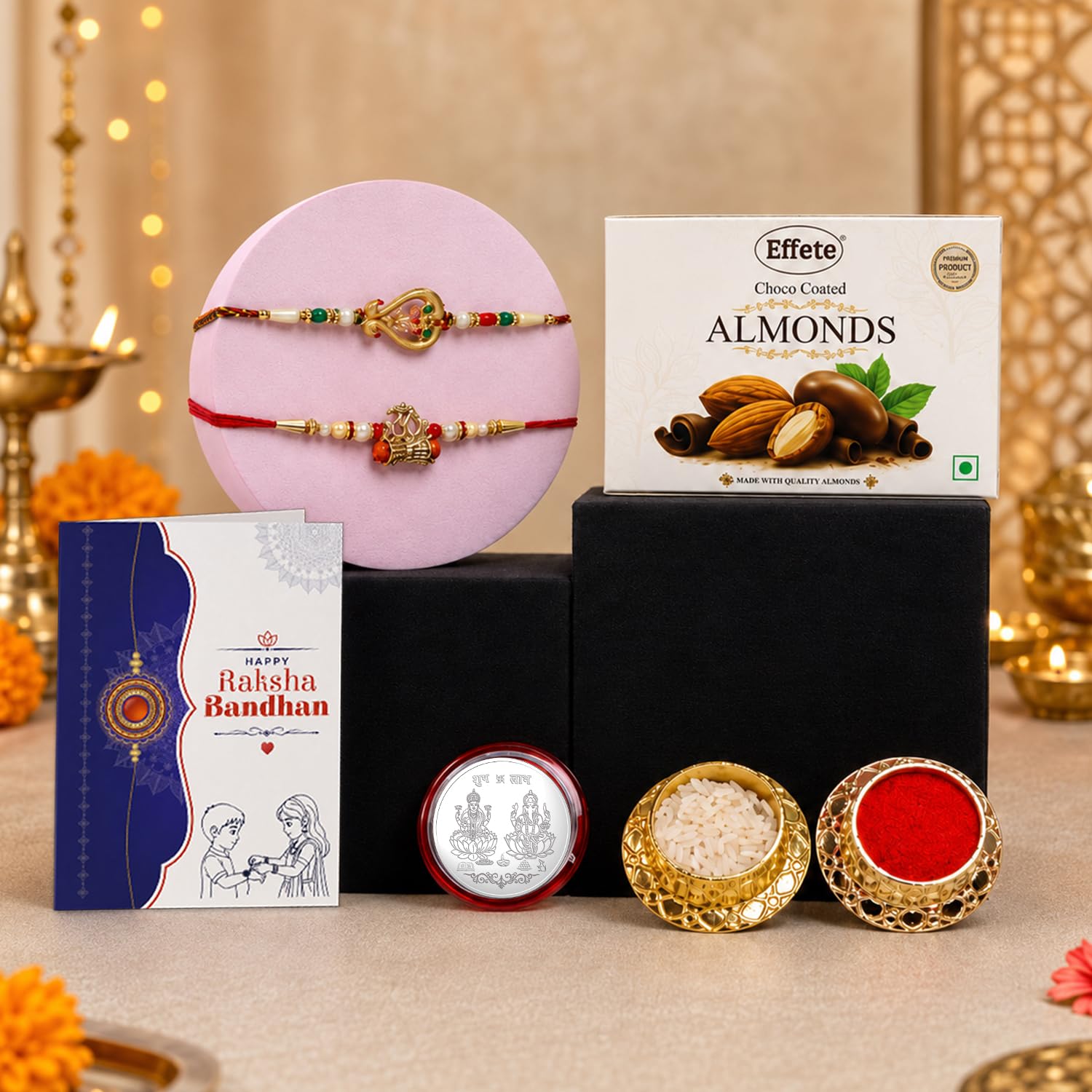 Multicolor OM Damru and Rakhi for Brother with Chocolate Almonds 32gm, Pack of 6