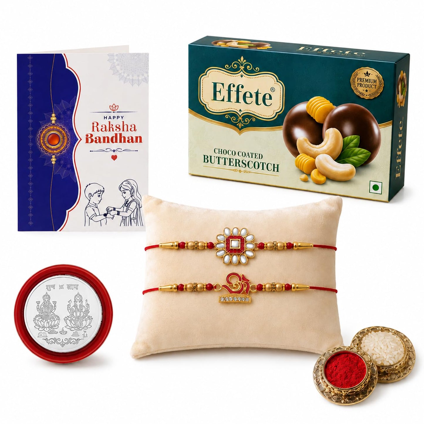 OM Rakhi for Brother with Butter Scotch 32gm, Roli Tikka & Card, Pack of 6