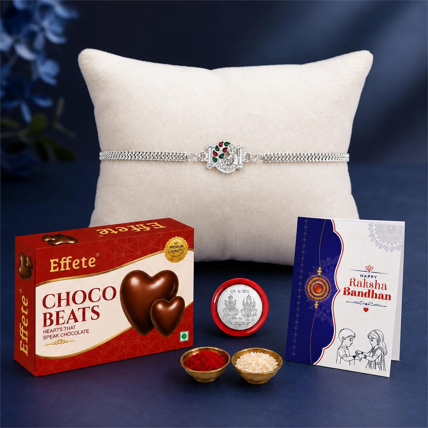 Peacock Rakhi for Brother with Choco Beats 32gm, Roli Tikka & Card - Pack of 5