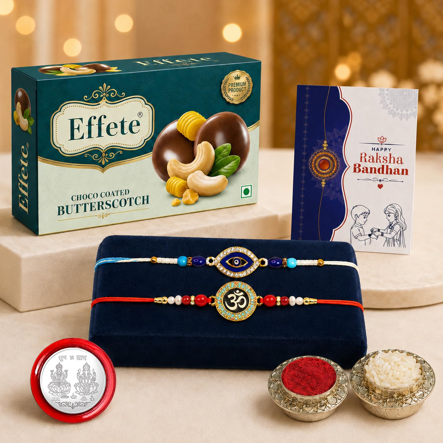 Evil Eye, Om Rakhi Combo - Raksha Bandhan Gift with Choco Butterscotch 32gm, Pack of 6