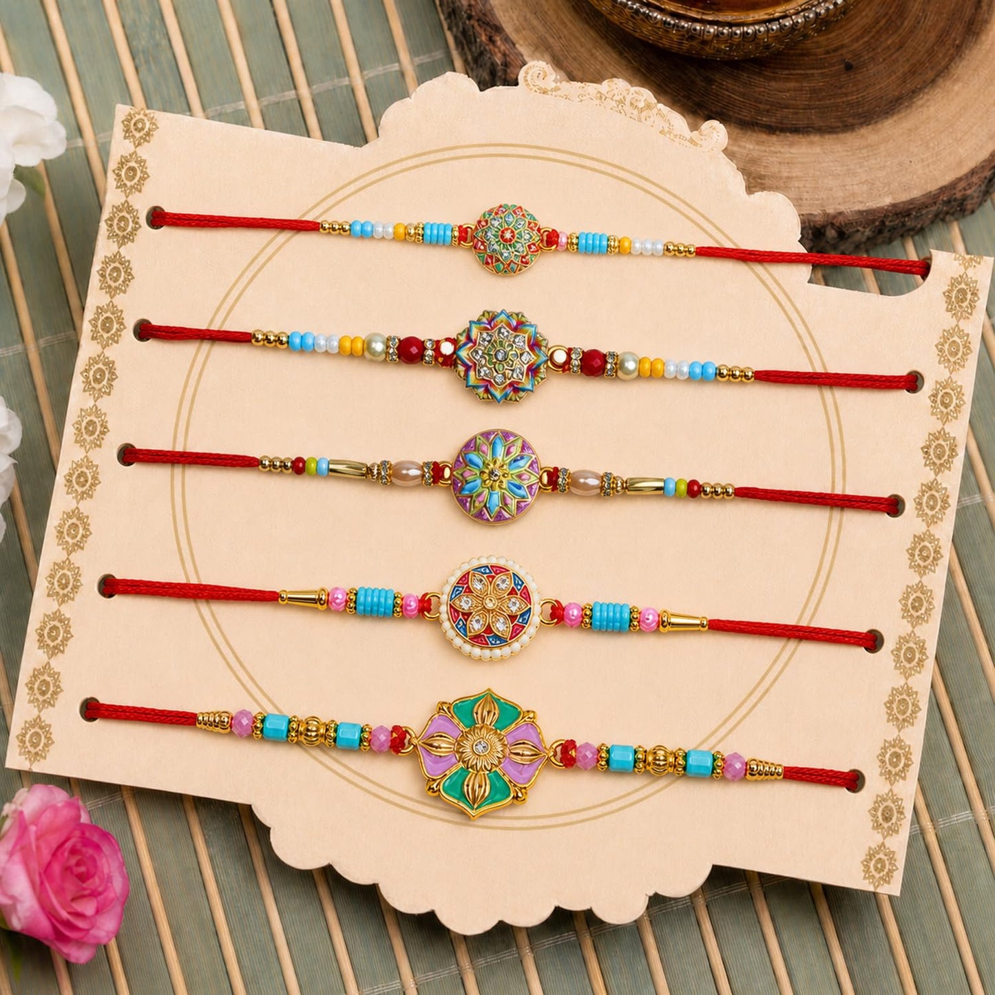 Designer Dazzling Rakhi for Brother with Roli Tikka, Pooja Coin & Card, Pack of 8