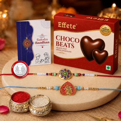 Rakhi with Chocolate for Brother (Set of 6) – Raksha Bandhan Festival Celebration Combo for Bhai with Round & Leaf Shape Rakhi, Chocolate, Roli Chawal, Silver Color Pooja Coin & Greeting Card