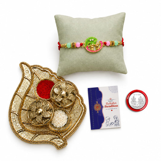 Krishna Bansuri Rakhi for Brother with Pooja Thali, Roli Tikka & Card, Pack of 5