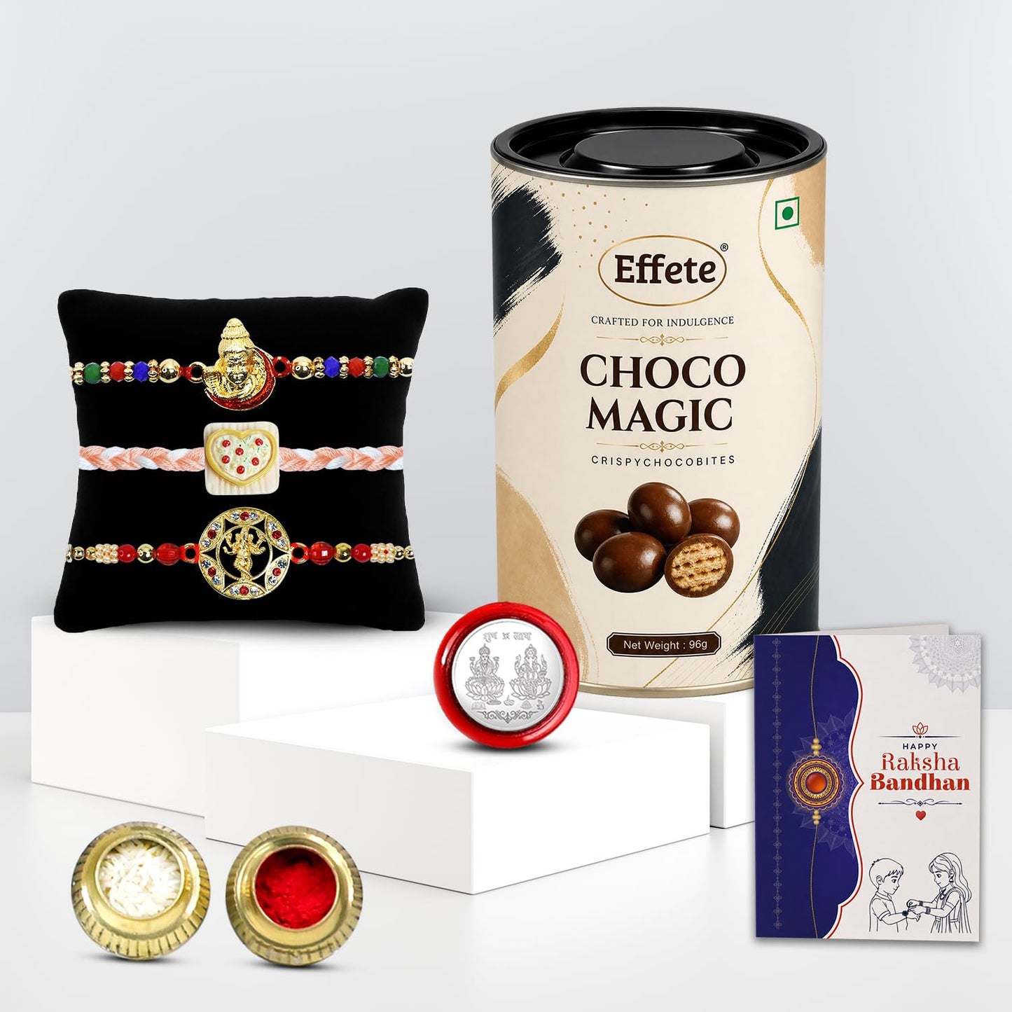 Deity Rakhi for Brother with Chocolate Magic 96gm, Roli Tikka & Card | Pack of 7