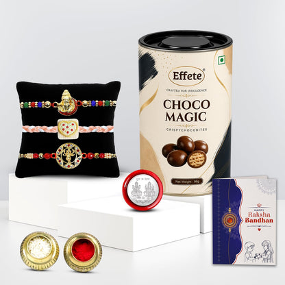 Deity Rakhi for Brother with Chocolate Magic 96gm, Roli Tikka & Card | Pack of 7