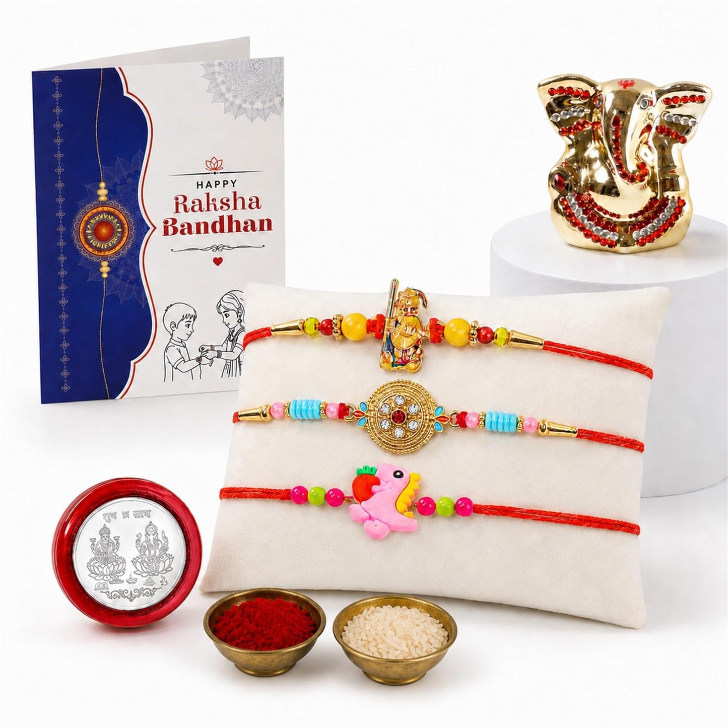 Rakhi for Bhai – Ganesh Idol Rakhi | Silver Coin, Roli Chawal Gift Combo (Pack of 4) For Raksha Bandhan