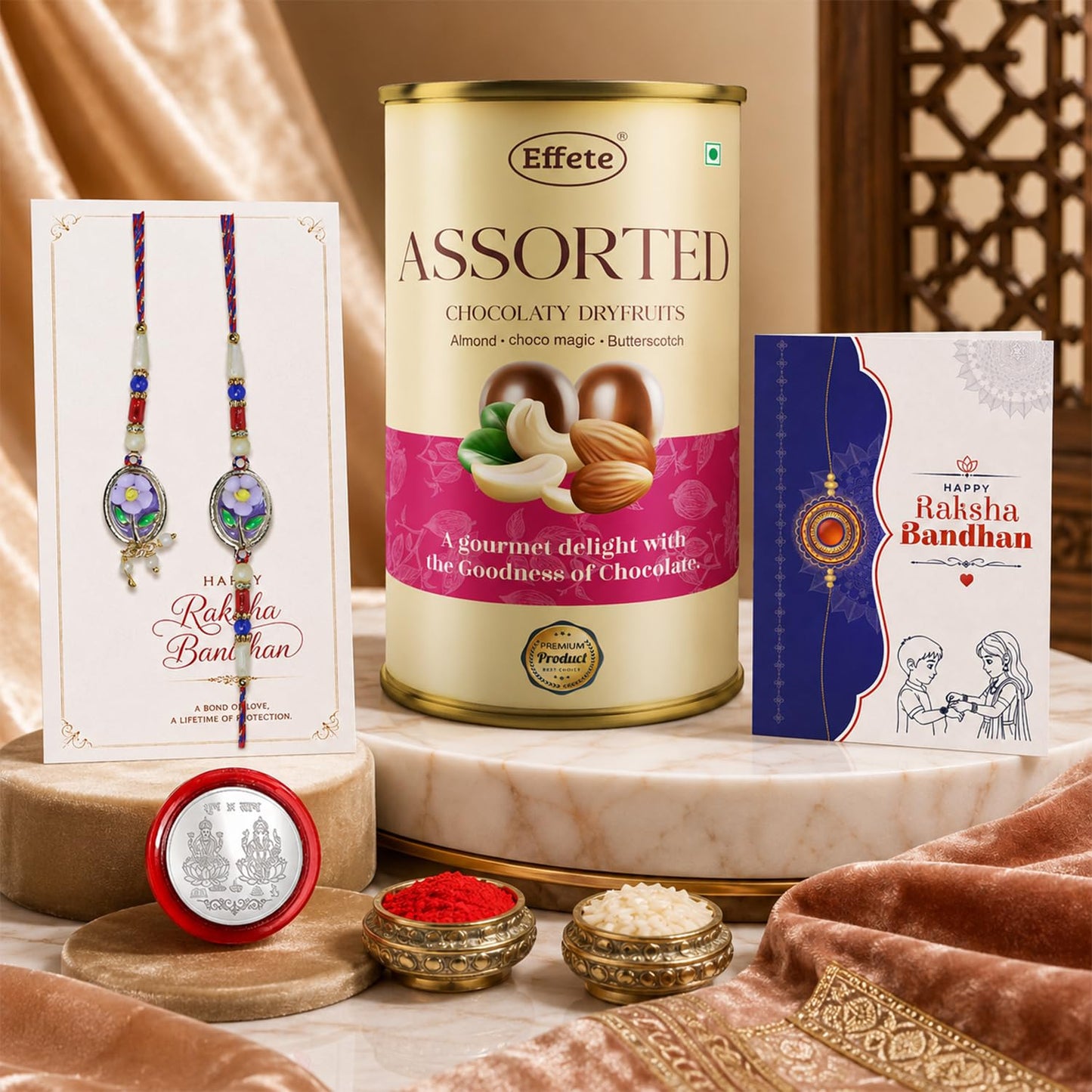 Flower Rakhi for Brother with Emperor Chocolate, Roli Tikka & Card, Pack of 6