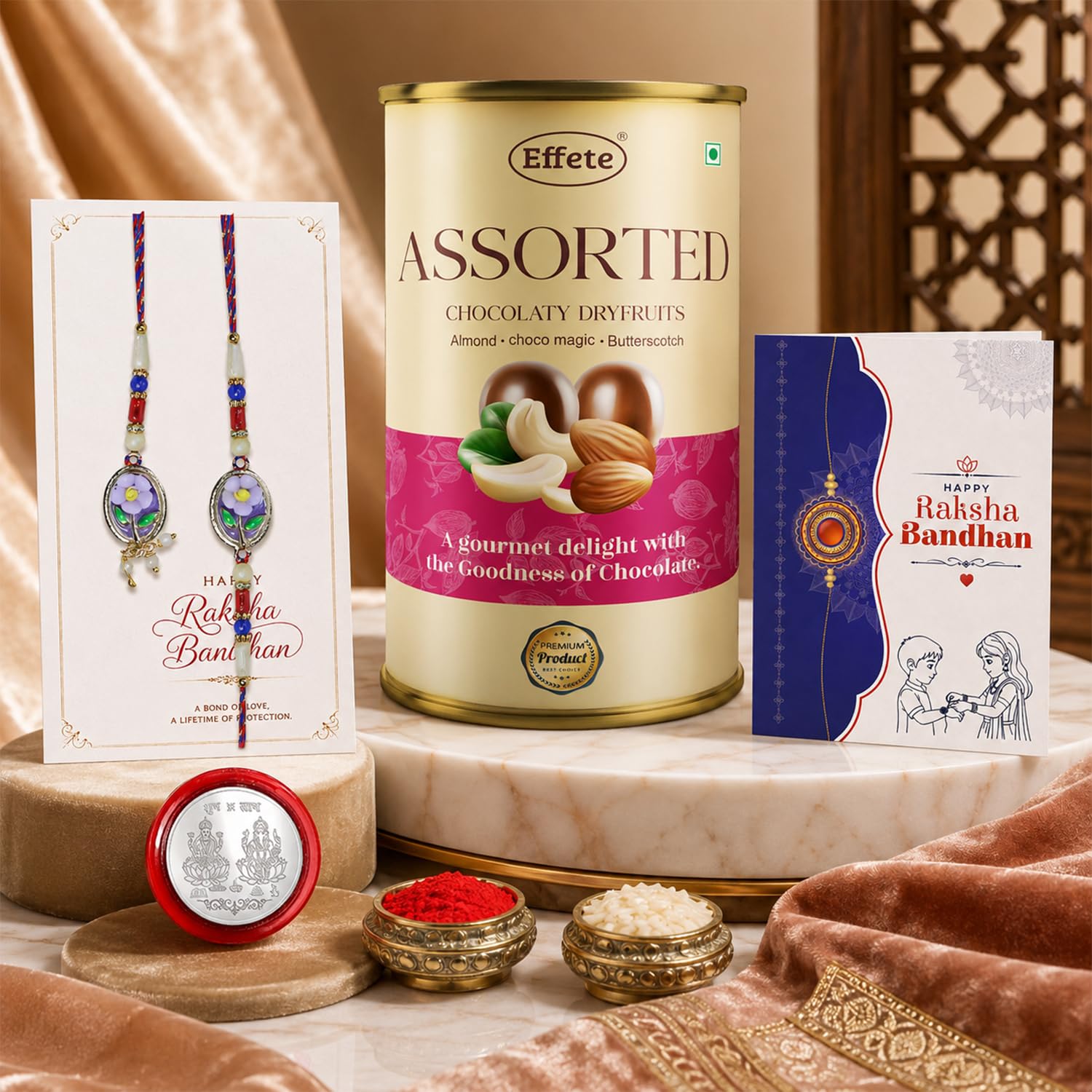 Flower Rakhi for Brother with Emperor Chocolate, Roli Tikka & Card, Pack of 6