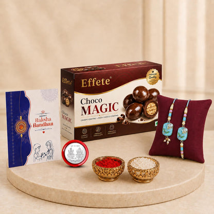Designer Rakhi for Brother with Choco Magic 96gm, Roli Tikka, Pack of 6 | Premium