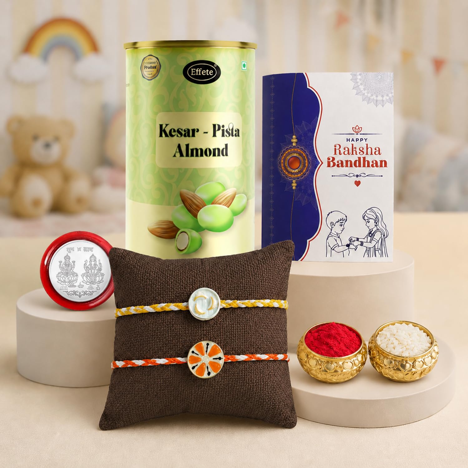 Unique Motif, Food Rakhi for Brother with Kesar-Pista Almond 96gm, Pack of 6
