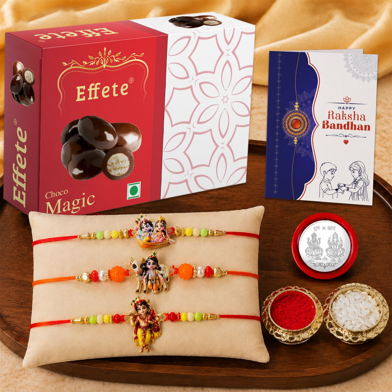 Krishna Rakhi for Brother with Chocolate Magic 32gm, Roli Tikka & Card, Pack of 7