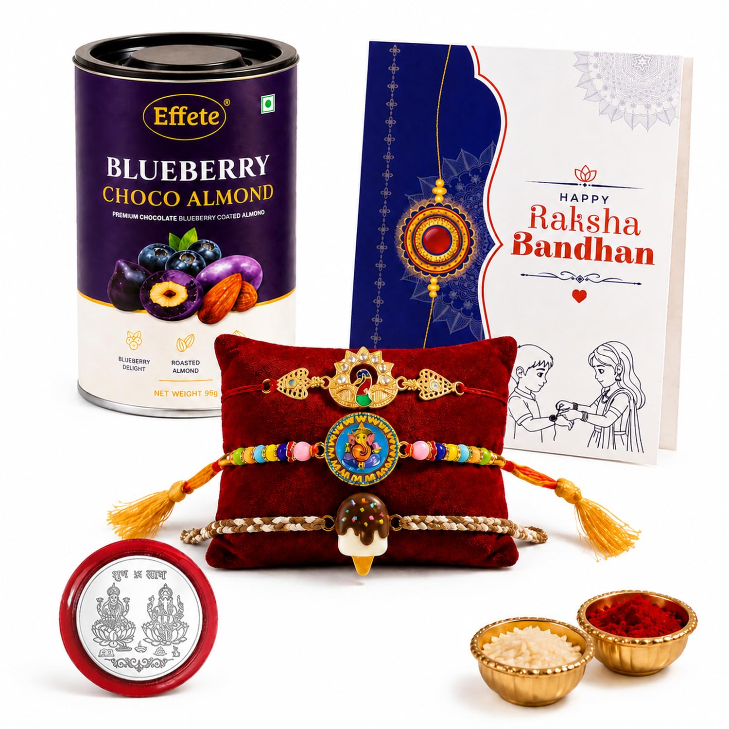 Ganesh Rakhi for Brother with Blueberry Almond 96gm, Roli Tikka & Card, Pack of 7