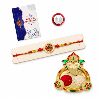 Multicolor Shree Bracelet/Rakhi & Shri Ganesh Pooja Thali with Silver Color Pooja Coin, Tikka/Tilak Set & Greeting Card, Rakhi Gift Hamper (Pack of 5) For Raksha Bandhan