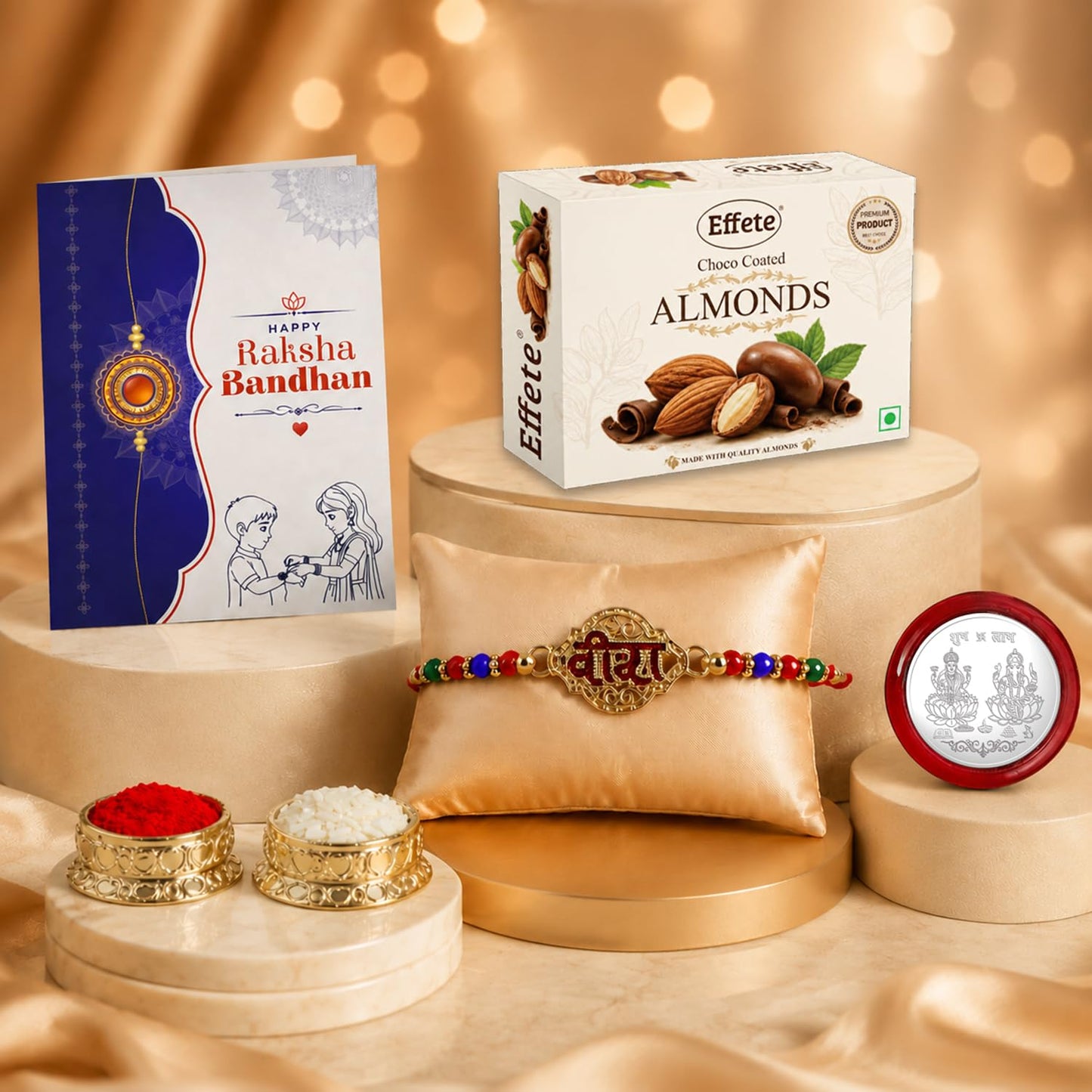 Veera Rakhi for Brother with Choco Almonds 32gm, Roli Chawal & Card, Pack of 5