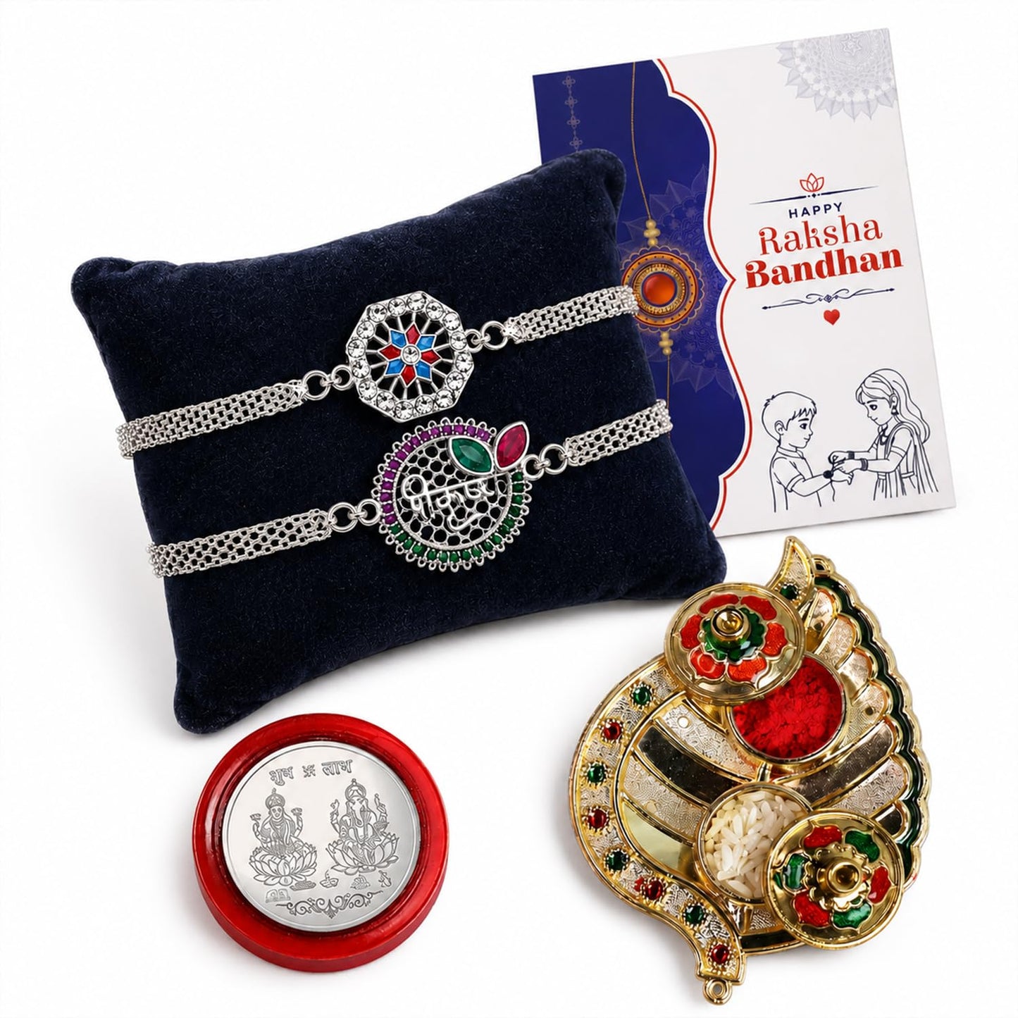 Multicolor Silver Floral, Krishna Silver Bracelet/Rakhi & Leaf Shape Pooja Thali with Silver Color Pooja Coin, Tikka/Tilak Set & Greeting Card, Rakhi Gift Hamper (Pack of 6) For Raksha Bandhan