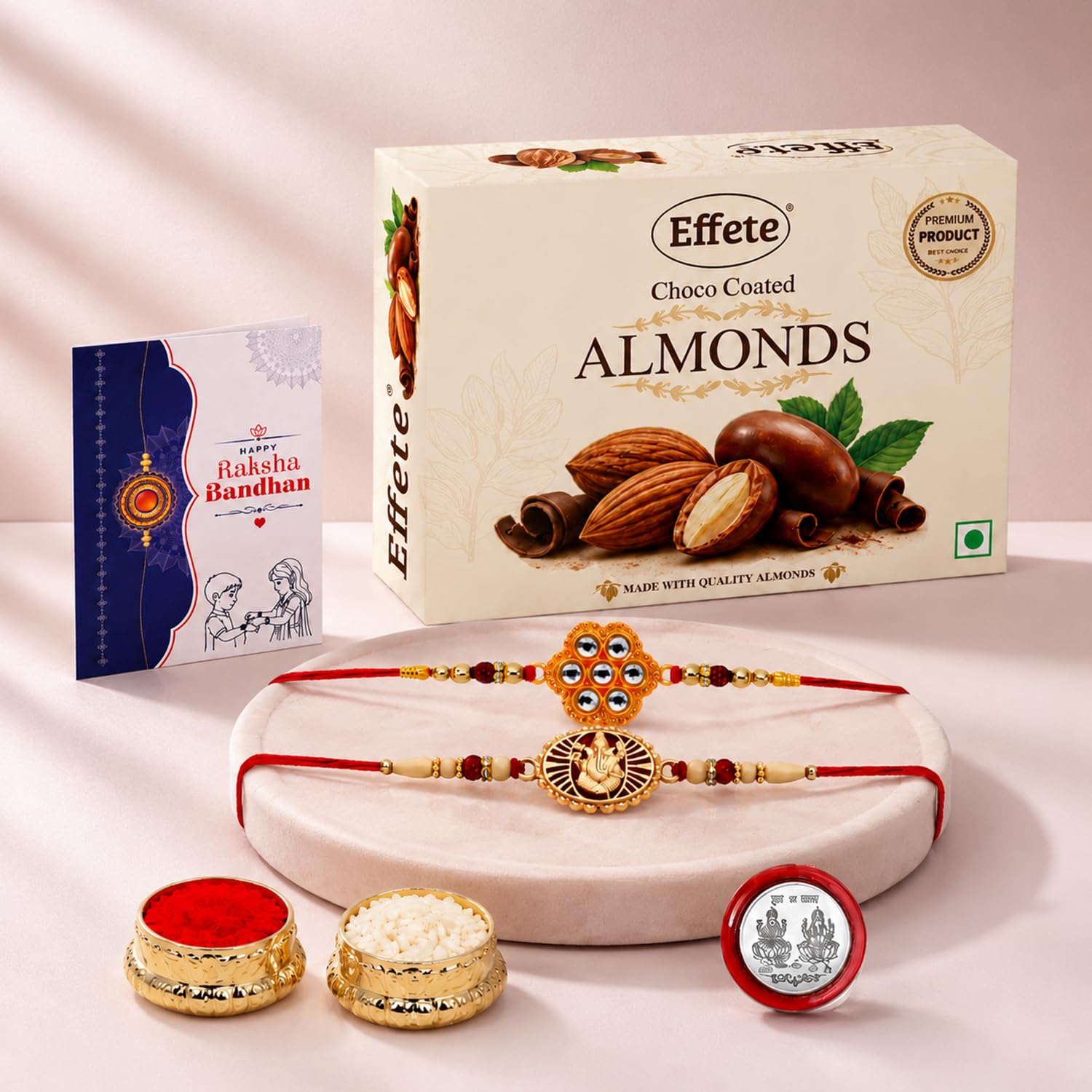 Floral Rakhi for Brother with Choco Almonds 32gm, Roli Tikka & Card | Pack of 6