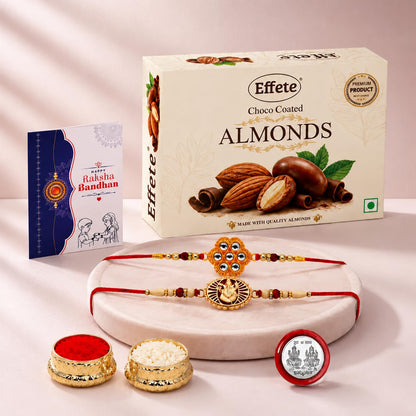 Floral Rakhi for Brother with Choco Almonds 32gm, Roli Tikka & Card | Pack of 6