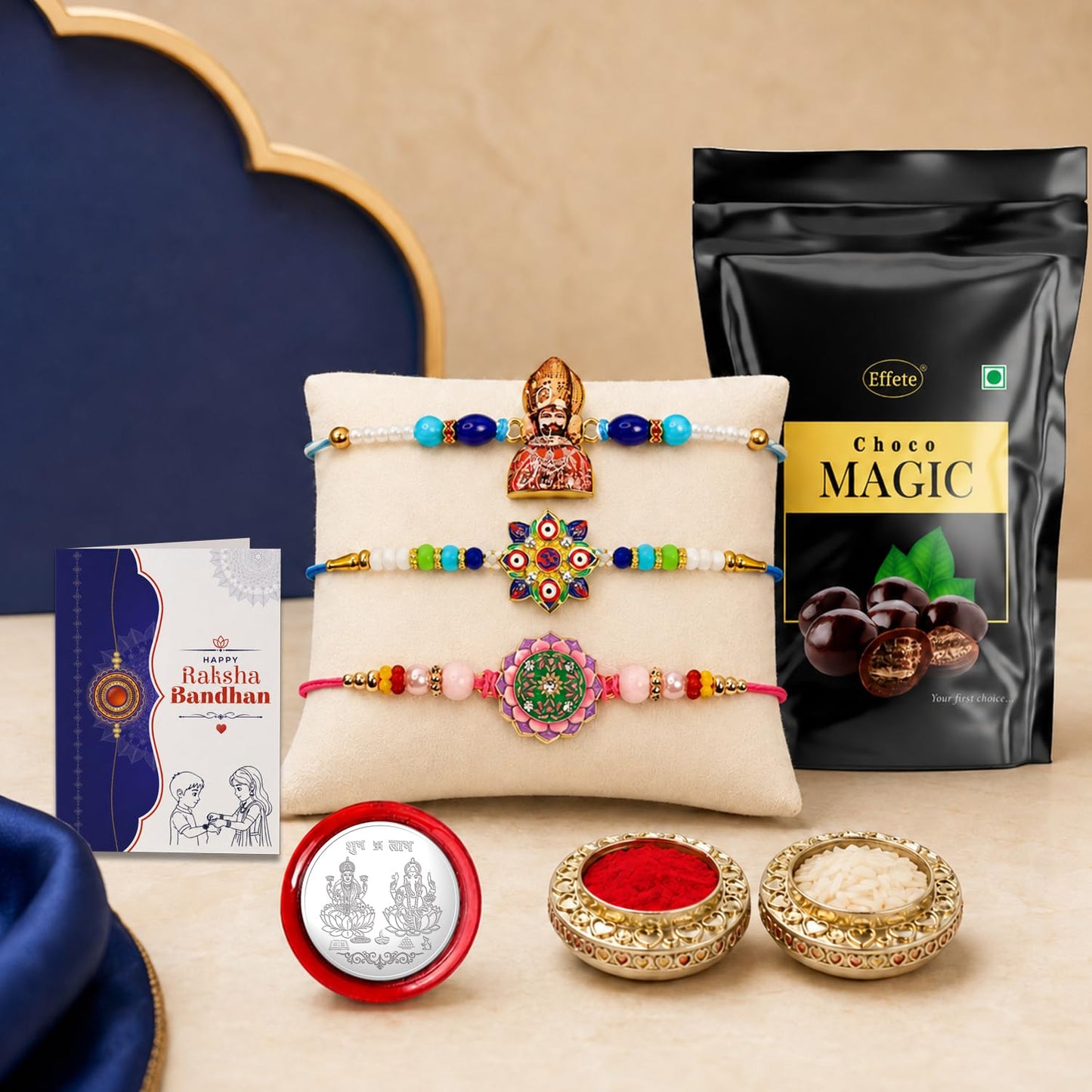Khatu Shyam Rakhi Combo - Raksha Bandhan Gift with Choco Magic Standy Pouch, Pack of 7