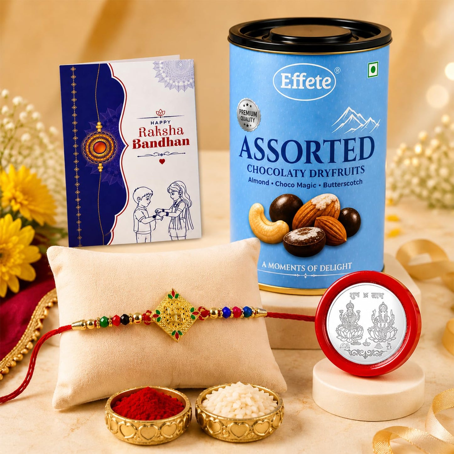 Elegant Rakhi for Brother with Choco Dryfruits 96gm, Coin & Card, Pack of 5