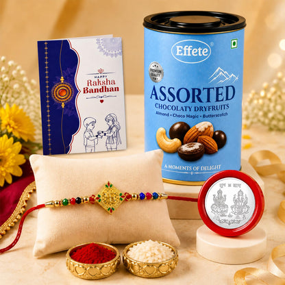 Elegant Rakhi for Brother with Choco Dryfruits 96gm, Coin & Card, Pack of 5