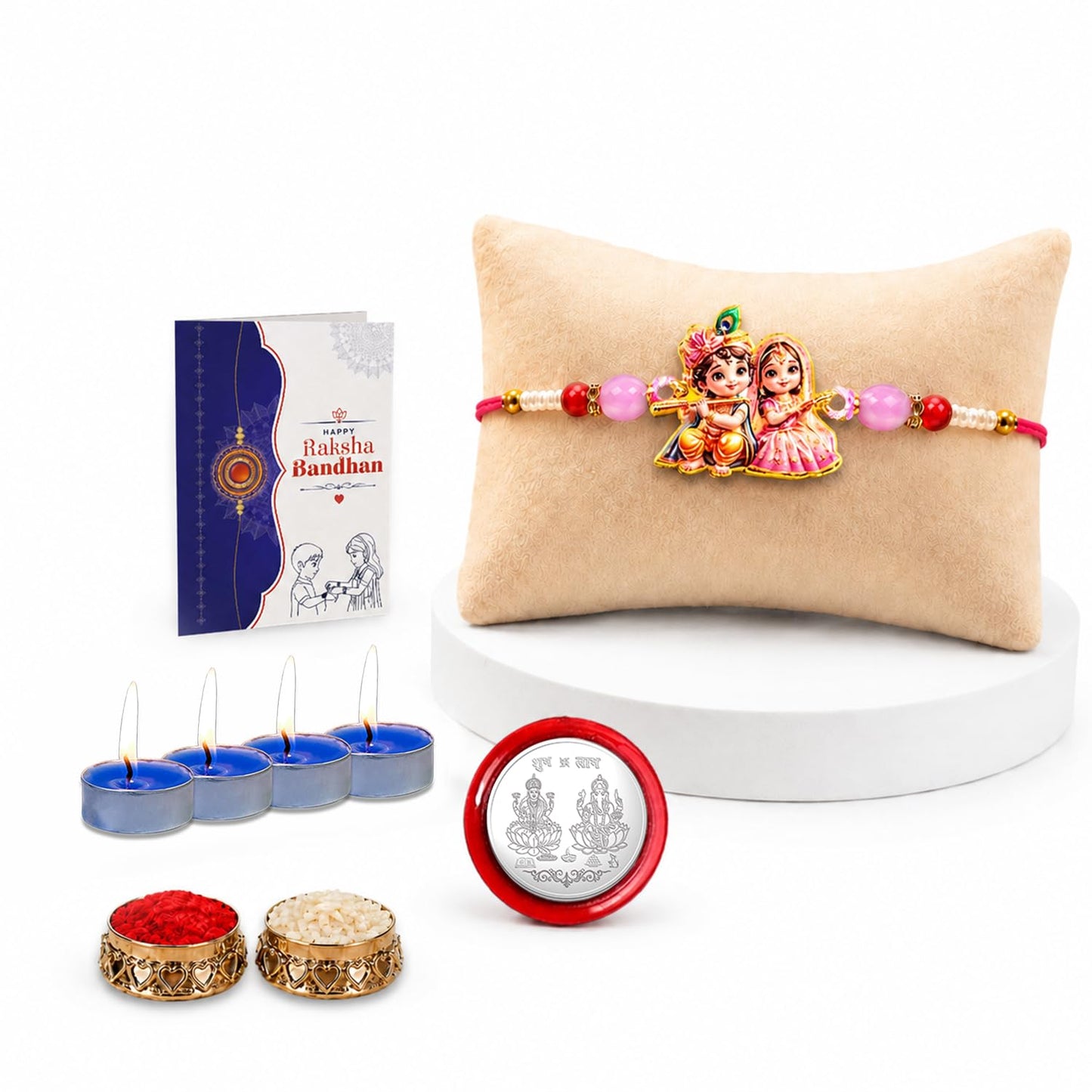 Krishna Radha Rakhi for Brother with Candles 4pcs, Roli Tikka & Card, Pack of 5