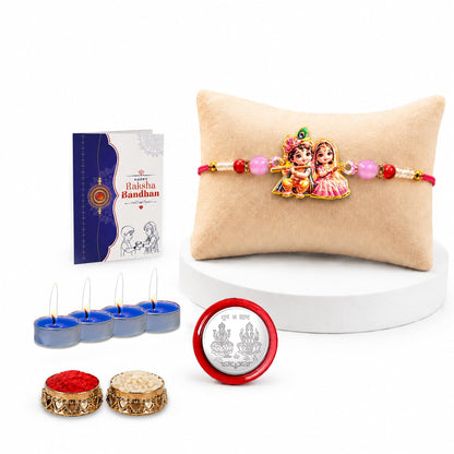 Krishna Radha Rakhi for Brother with Candles 4pcs, Roli Tikka & Card, Pack of 5