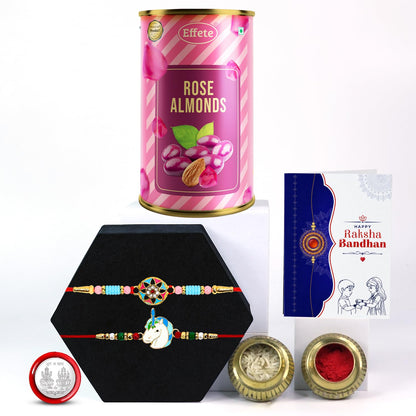 Rakhi with Chocolate for Brother – Special Raksha Bandhan Gift Assortment with Rakhi, Chocolate, Coin, Greeting Card & Roli Chawal (Pack of 6)