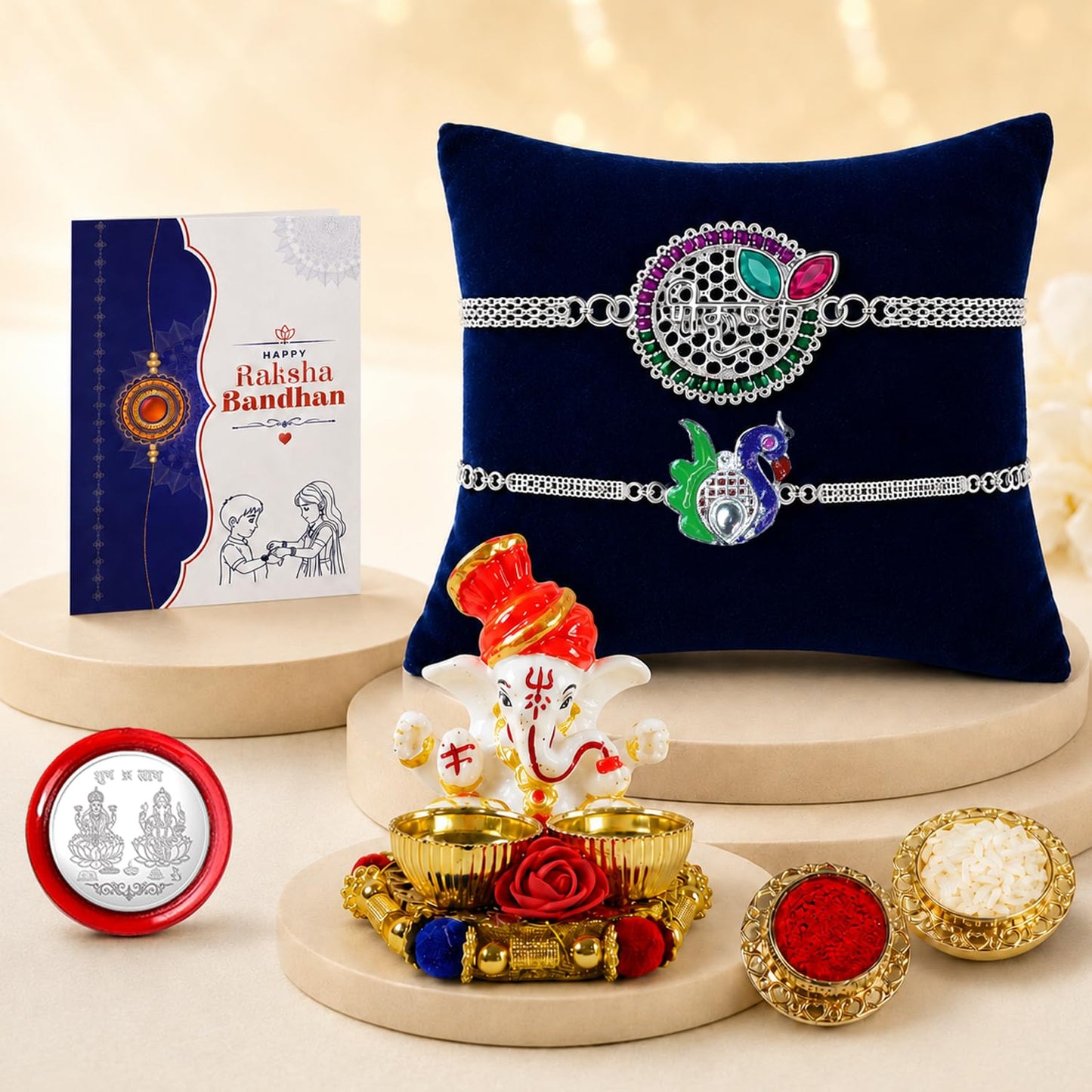 Designer Elegant Multicolor Krishna & Peacock Rakhi Combo for Brother | Pack of 6