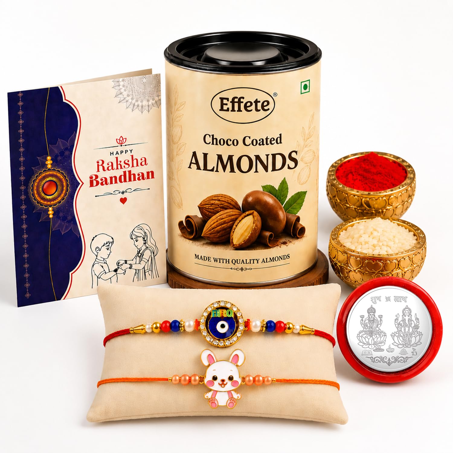 Evil Eye Rakhi for Brother with Choco Almonds 96gm, Roli Tikka & Card, Pack of 6