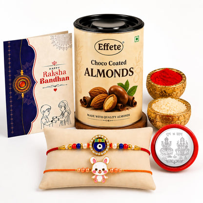 Evil Eye Rakhi for Brother with Choco Almonds 96gm, Roli Tikka & Card, Pack of 6
