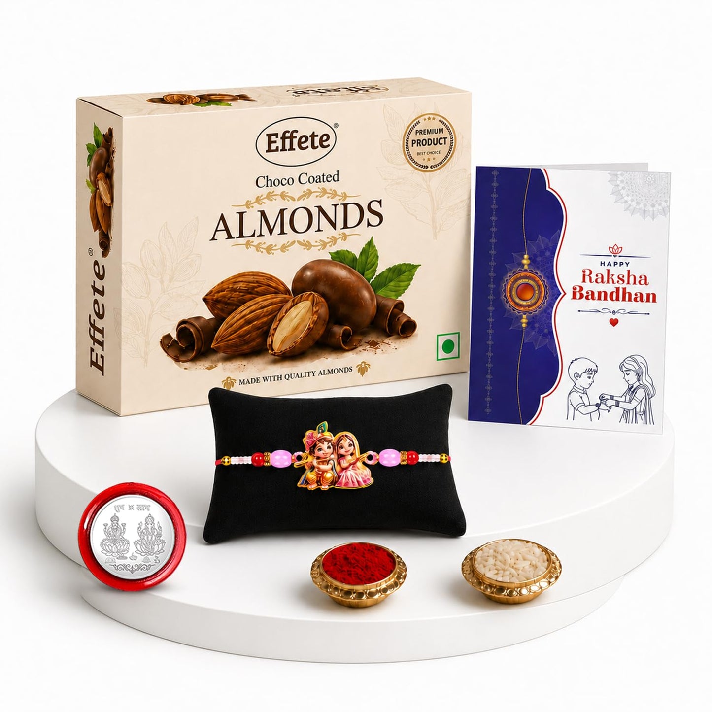 Krishna Radha Rakhi for Brother with Choco Almonds 32gm, Coin & Card | Pack of 5