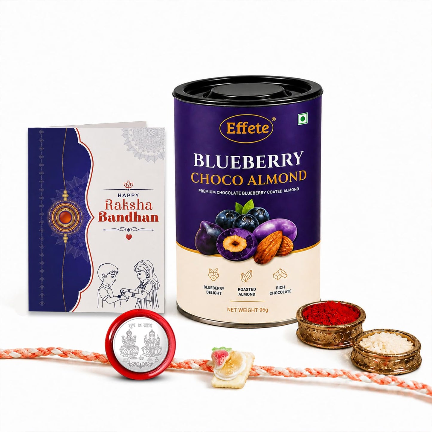Food Rakhi for Brother with Blueberry Almond 96gm, Roli Tikka & Card, Pack of 5