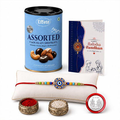 Evil Eye Rakhi for Brother with Choco Dryfruits 96gm, Coin & Card | Pack of 5