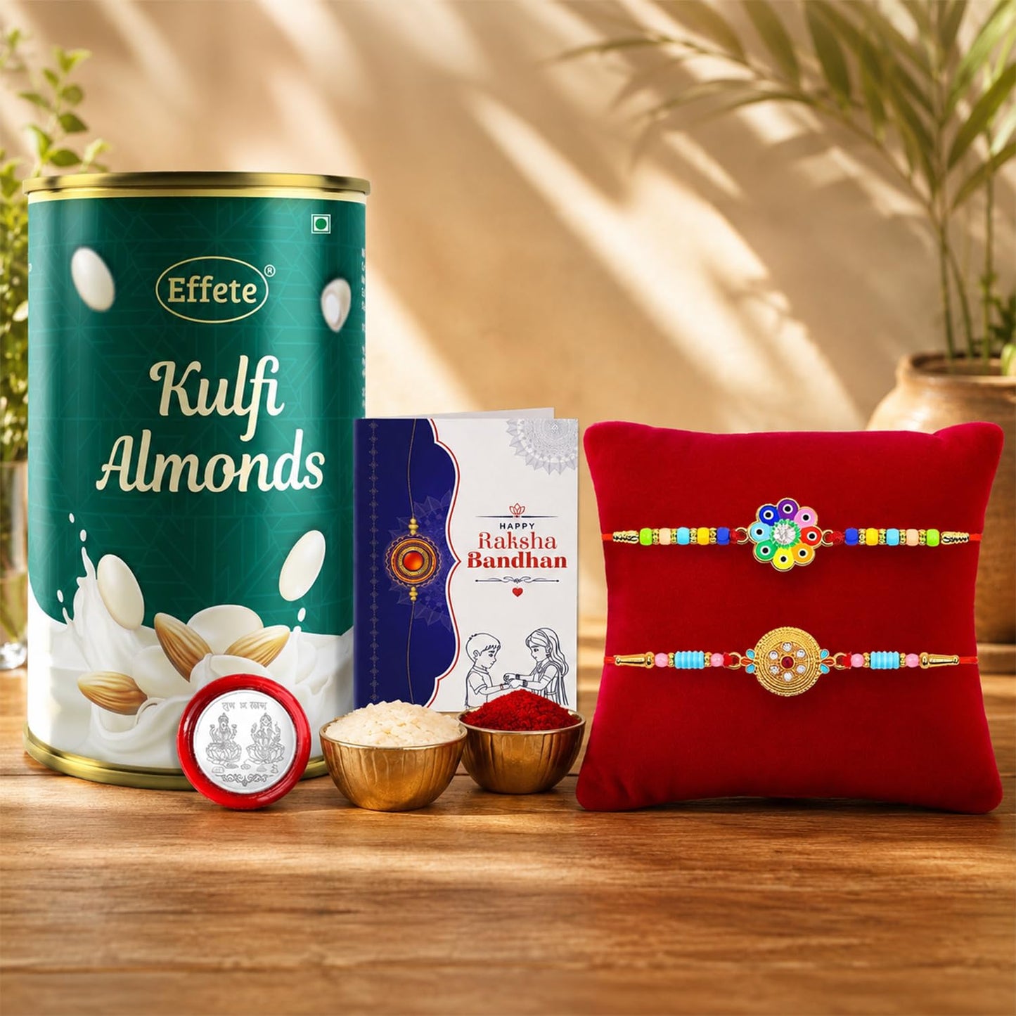 Designer Rakhi for Brother with Kulfi Almonds 96gm, Roli Chawal & Card, Pack of 7