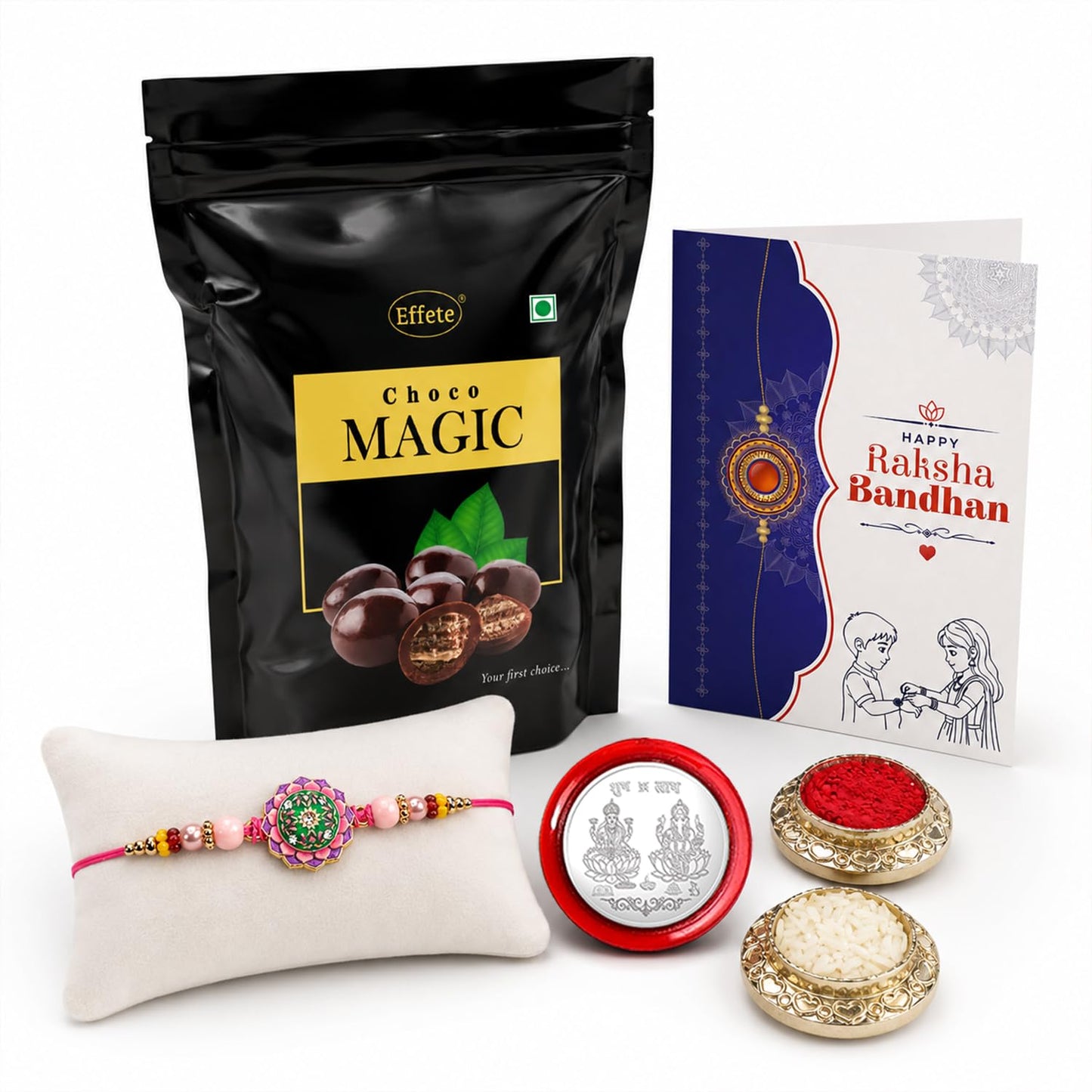 Round Floral Lotus Rakhi for Brother with Choco Magic Standy Pouch, Pack of 5