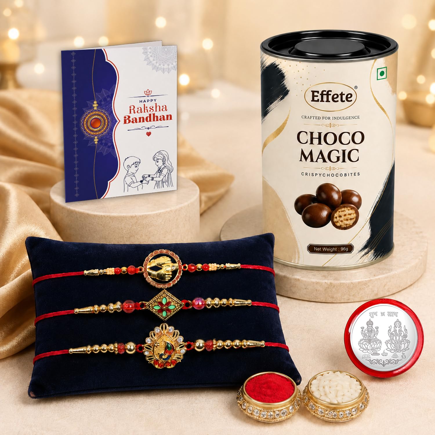 Round Rakhi for Brother with Chocolate Magic 96gm, Roli Tikka & Card, Pack of 7