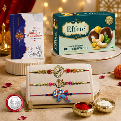 Ganesh Charm Rakhi for Brother with Butter Scotch 32gm, Coin & Card, Pack of 7