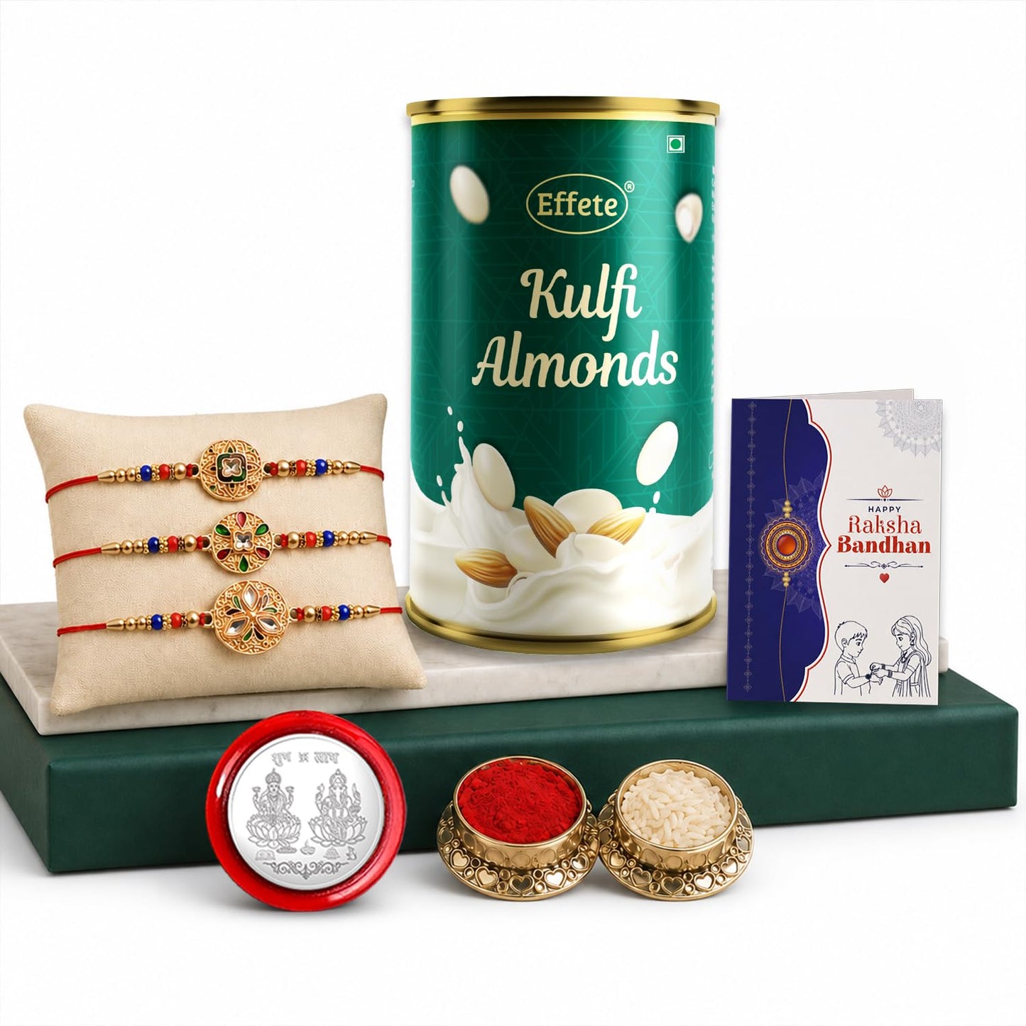 Square Rakhi for Brother with Kulfi Almonds - Raksha Bandhan Gift Set, Pack of 7