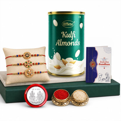 Square Rakhi for Brother with Kulfi Almonds 96gm, Roli Tikka & Card, Pack of 7