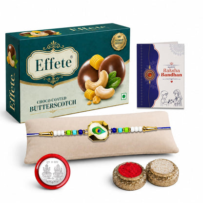Peacock Rakhi for Brother with Butter Scotch 32gm, Roli Tikka & Card, Pack of 5