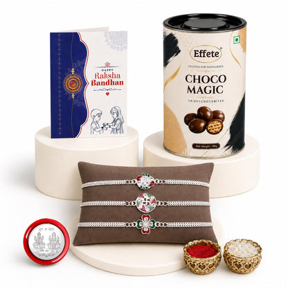 Diety Rakhi for Brother with Chocolate Magic 96gm, Roli Tikka & Card, Pack of 7